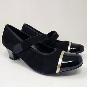 Hotter Charmaine Mary Jane Size 9.5 Black Suede Patent Leather Cap-toe Gold Trim
